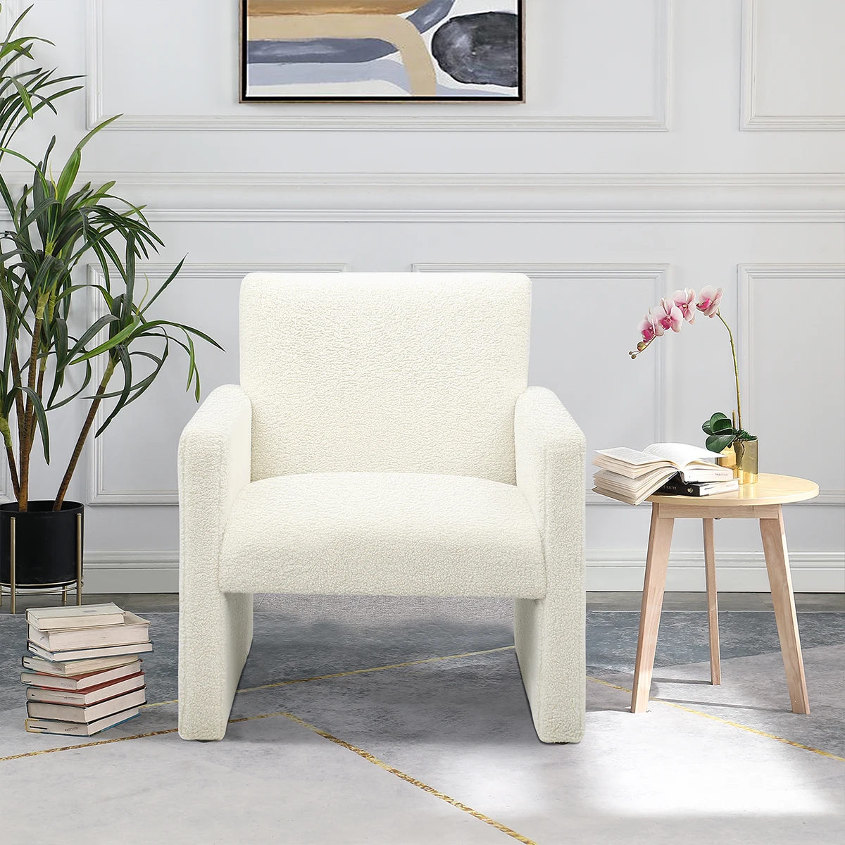 Accent Lounge Chair for Living Room Small Armchair Teddy Upholstered Single Sofa Sherpa Cream Chair Comfy Fluffy Arm Chair White