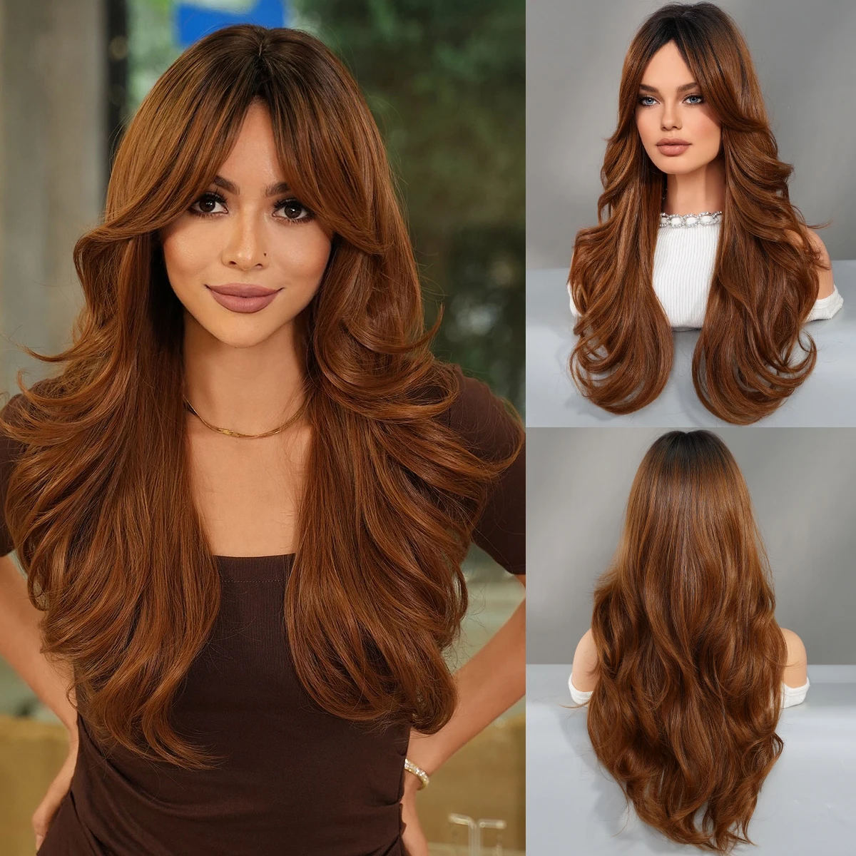 

7JHH WIGS Loose Deep Wavy Brown Wig with Dark Roots High Density Synthetic Middle Part Wave Hair Wigs for Women Daily Use