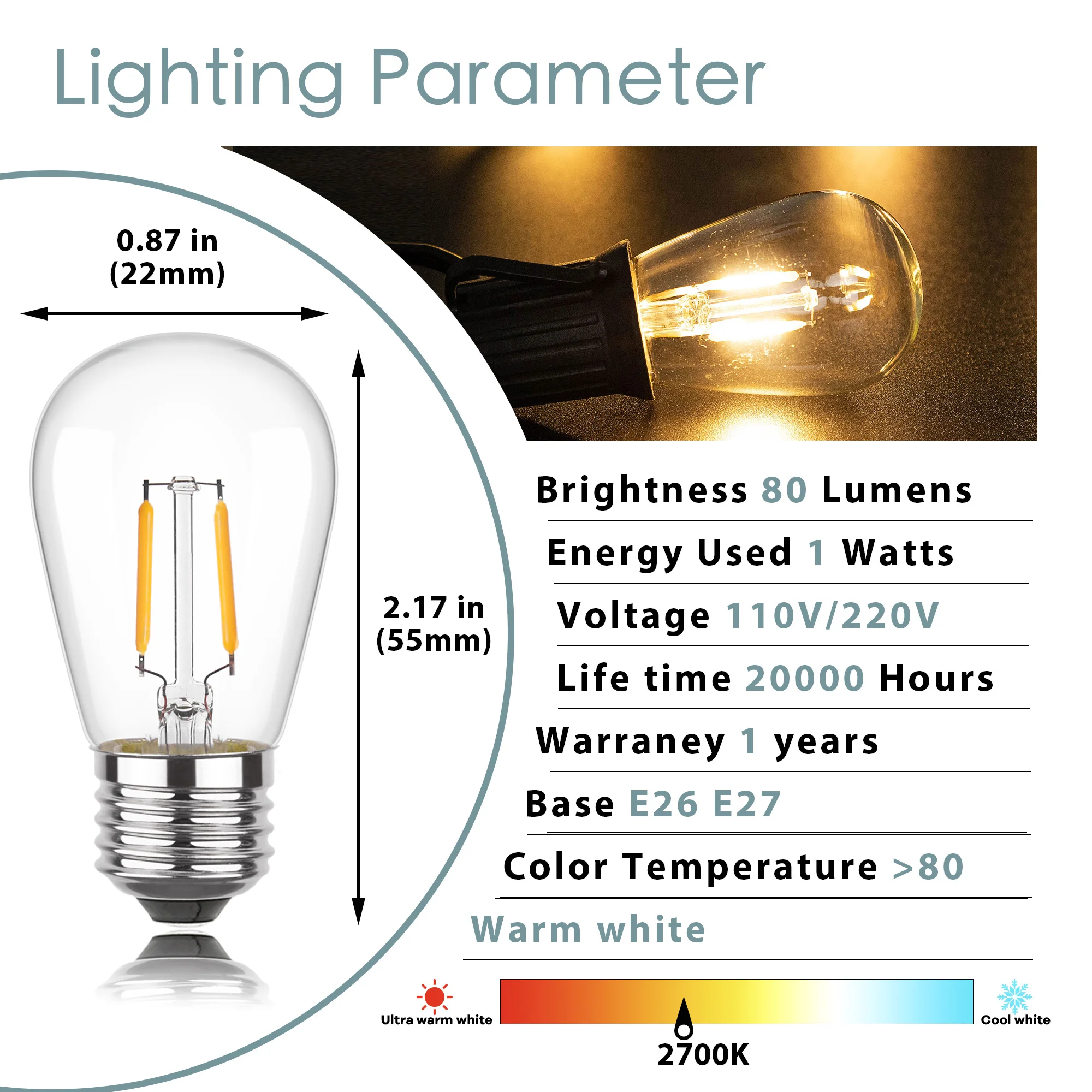 Imagem -03 - Substituição de Luz de Corda Vintage Regulável S14 E27 220v 2700k 10w Watt Baixo 1w Equivalente Lâmpada Incandescente 25 Pcs