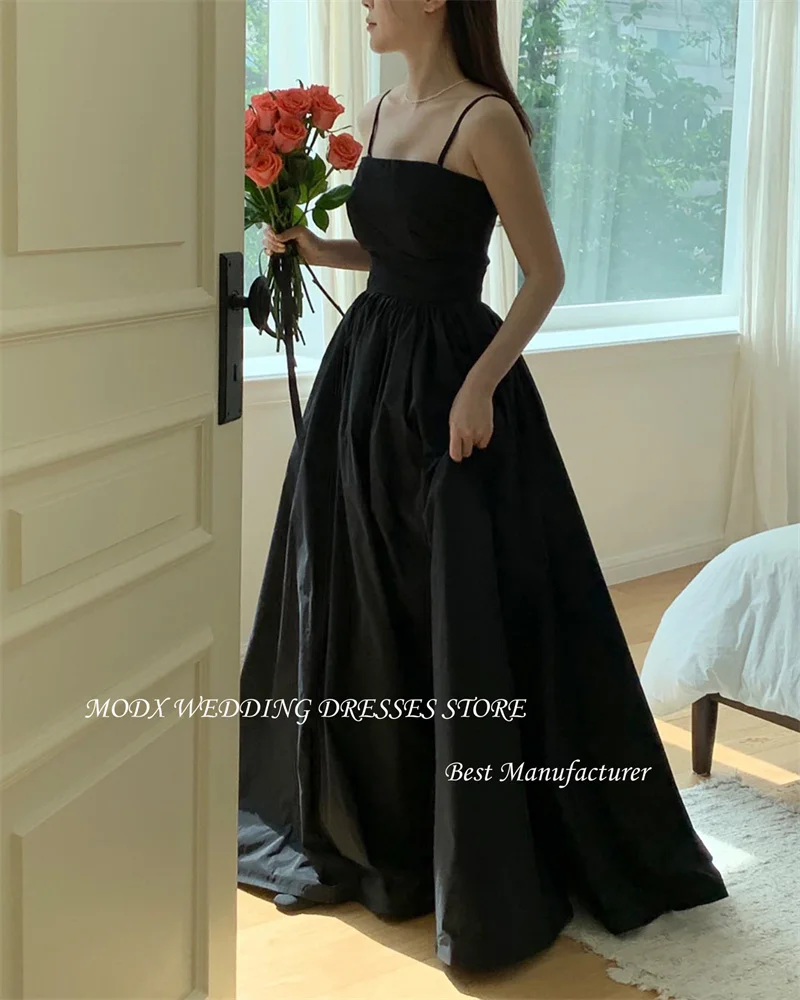

MODX Simple A Line Black Evening Dresses With Scalf Taffeta Puff Short Sleeves Spaghetti Strap Corset Back Wedding Dress Custom