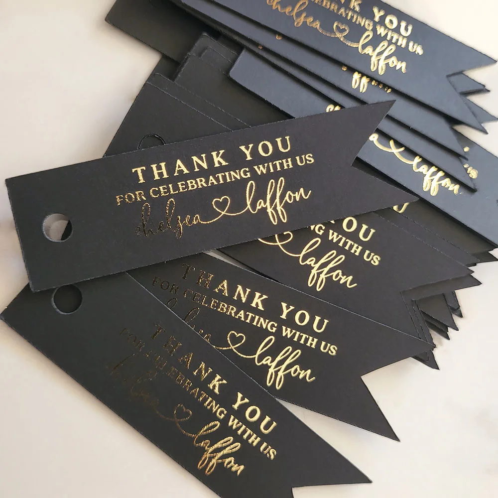 50Pcs Custom Wedding Tags Gold Foil DIY Thank You Tags White/Black Wedding Favors Labels for Gift Bridal Shower Party Favors