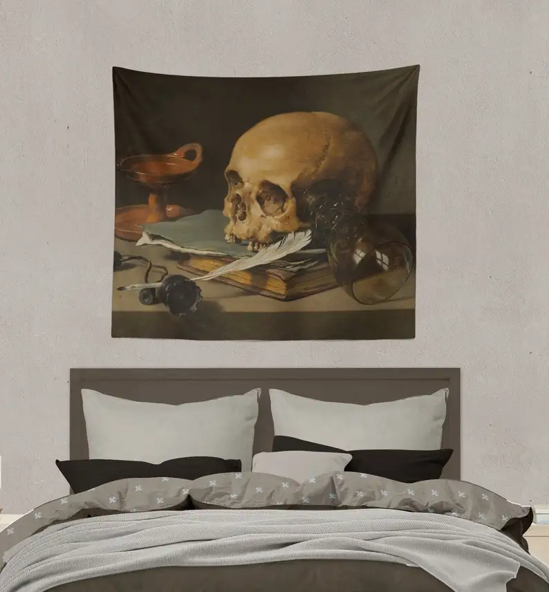 Gotischer teppich-stillleben mit einem schädel und einem schreib quill-vanitas vanitatum-Memento mori art-pieter claesz-1600s