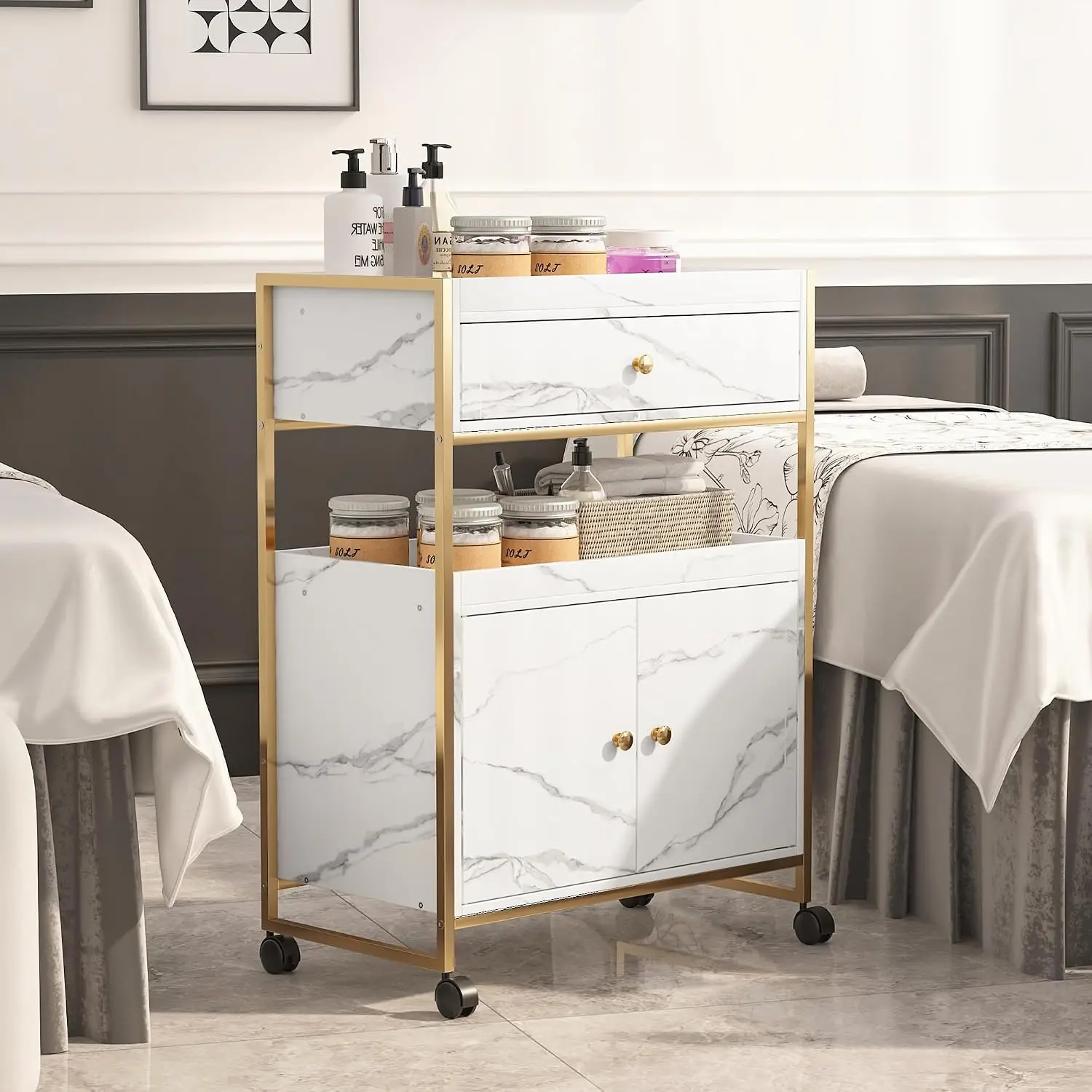 Beauty Rolling Lockable Wheeled Salon Trolley Storage Drawer Mobile Barber Station Cabinet Hair Makeup Esthetician Spa Massage W