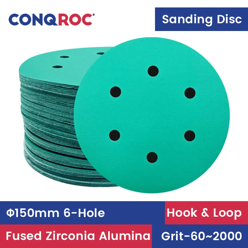 Sanding Discs 150mm 6-Hole Fused Zirconia Alumina Dry and Wet Sandpapers Polyester Film Hook & Loop 100-Piece Grit-60~2000