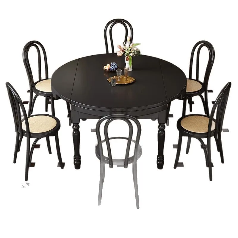

solid wood retractable round dining table size apartment household American black cream style folding square table
