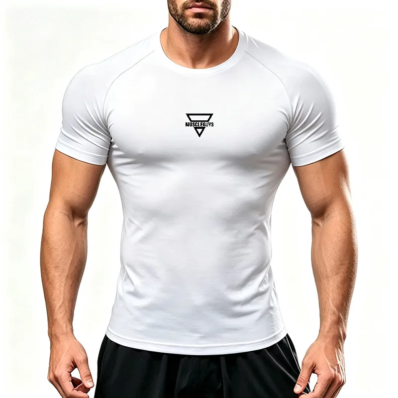 Men's Breathable Running T-Shirts Quick-Dry Short Sleeve Workout Top Compression Athletic Tee Crew Neck Raglan Muscle Print