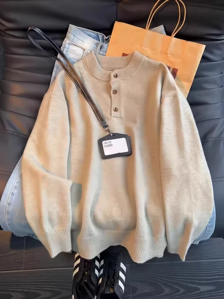 

Cleanfit American Sle Men's Knitted Sweater Henry Collar Loose Casual Inner Wear Long Sve Top for Autumn And Winter