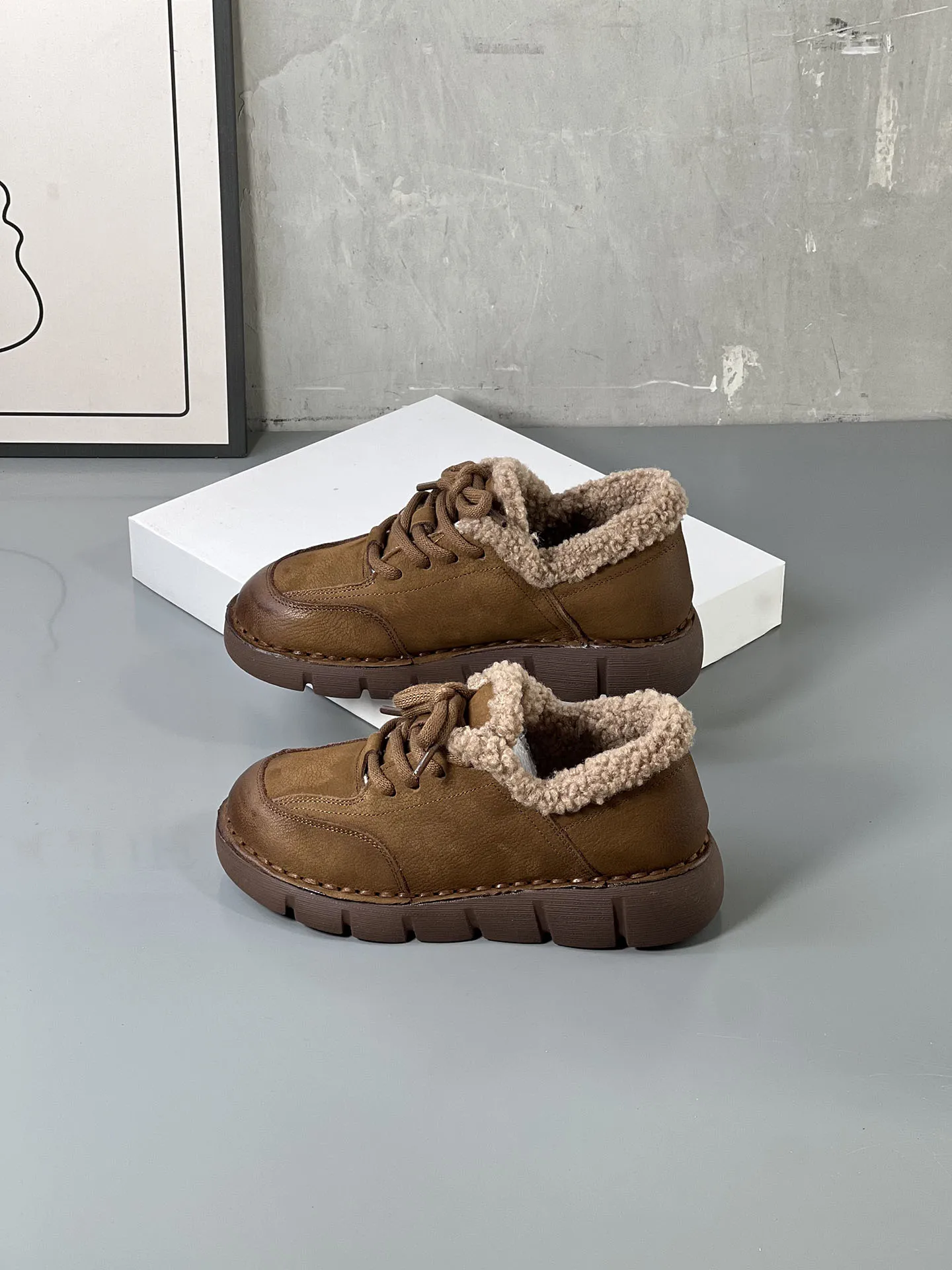 

Ретро зимние ботинки из овчины, повседневные женские кожаные ботинки с флисовой подкладкой, нескользящие теплые хлопковые ботинки для мам