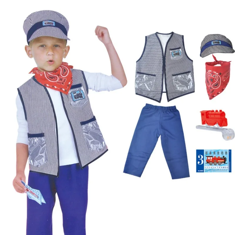 Kids' Train Engineer Conductor Costume, Prom Performance, Cosplay Roupas, Equipamentos de vestuário, Adereços, Pretend Play Toy, 6 Pcs/Set