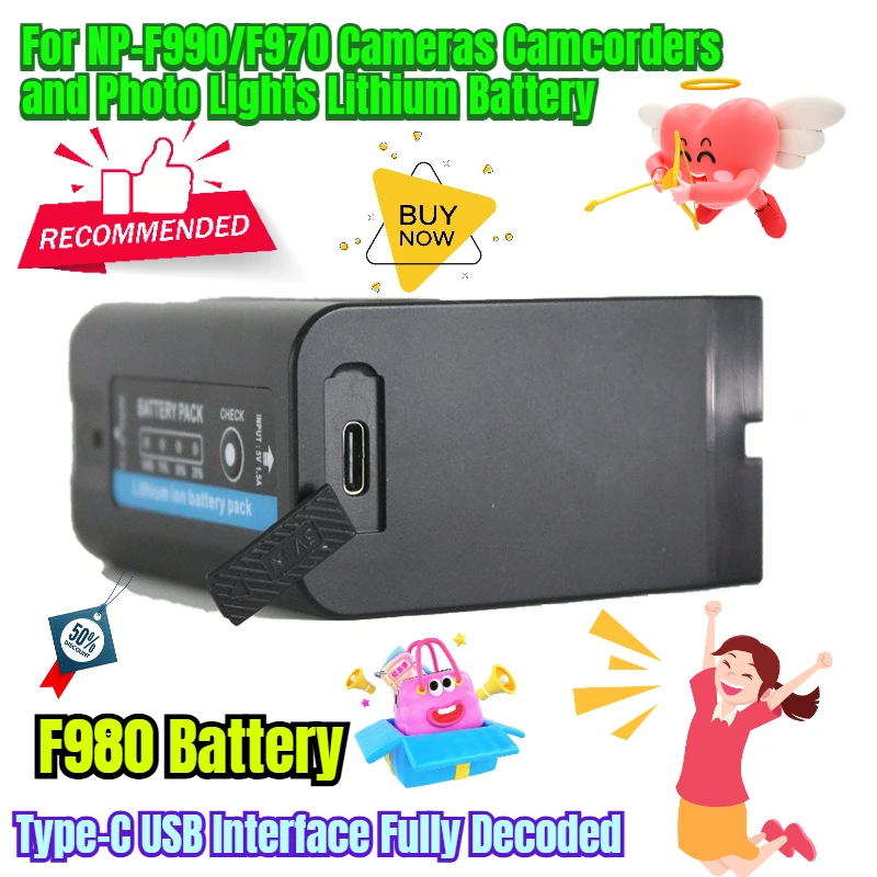

F980 Battery Type-C USB Interface Fully Decoded for NP-F990/F970 Cameras Camcorders and Photo Lights Lithium Battery