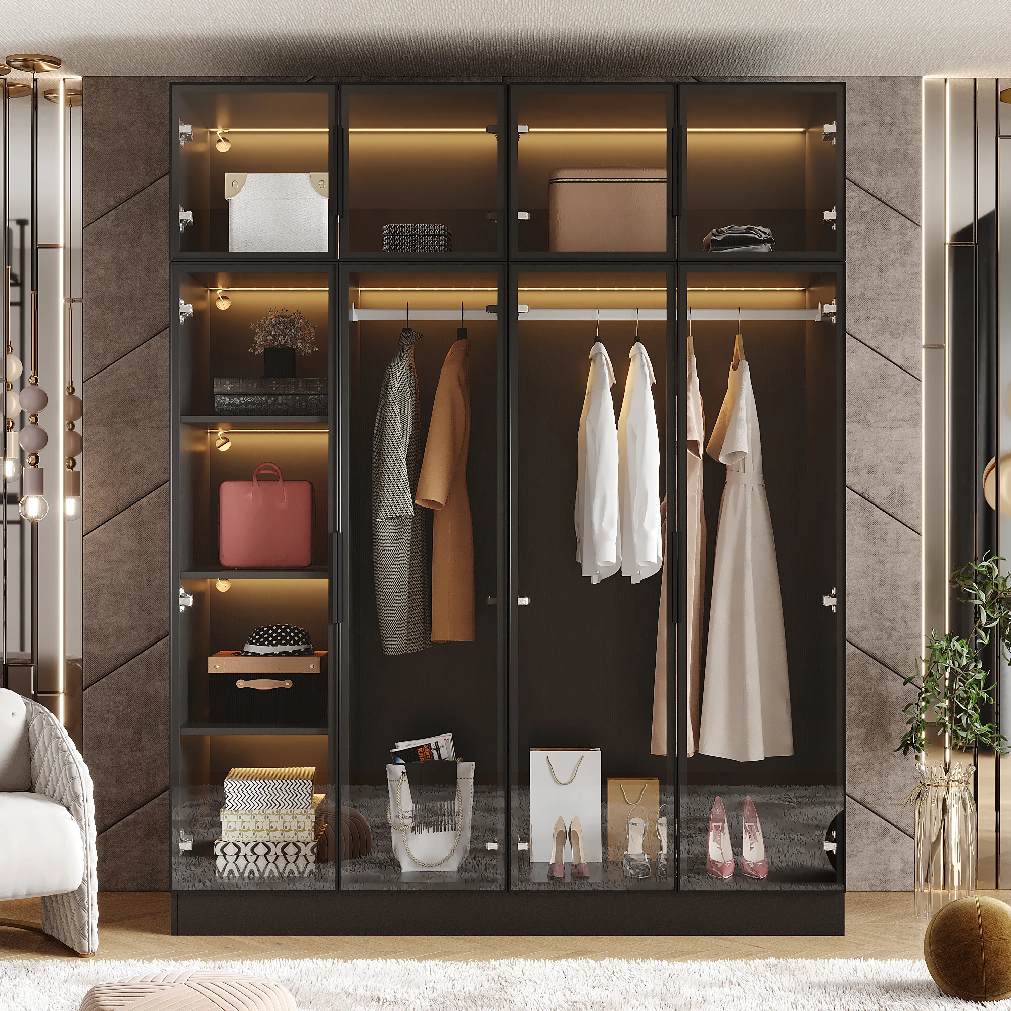 FUFU&GAGA Elegant Wardrobe Armoire With LED Light & Tempered Glass Doors, Wardrobe With Multiple Storage Shelves & Hanging Rods