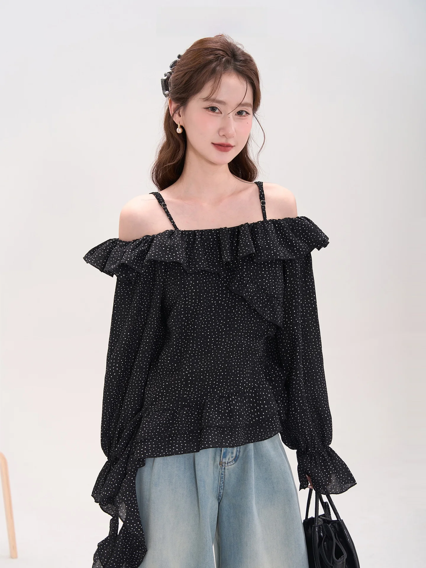 

Cloud Roost Soft Light Hem Le Polka Dot oulder Bared Strap irt Princ Sle Loose Fit Long Sve Women's Top