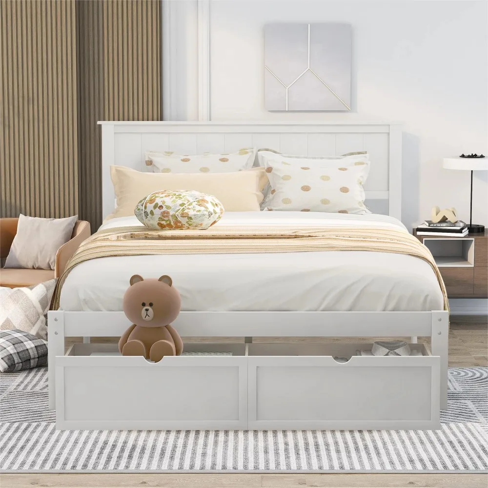 

Full Size Platform Bed with Storage, Wood Beds Frame with Headboard and Under-bed Drawer, Bedroom Furniture Full Beds Frame