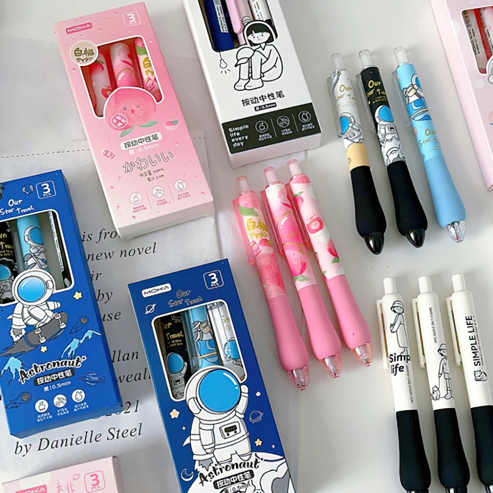 3pcs Simple Life Gel Pens Set Pink Peach Astronaut Space Travel Soft Holding 0.5mm Ballpoint Black Color Ink A7452