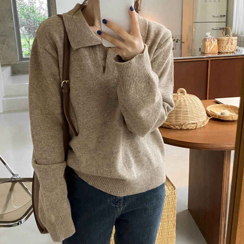 

REALEFT осень-зима винтажные поло вязаные женские пуловеры с длинным рукавом с v-образным вырезом корейские повседневные свободные свитера женские 2025 новинка