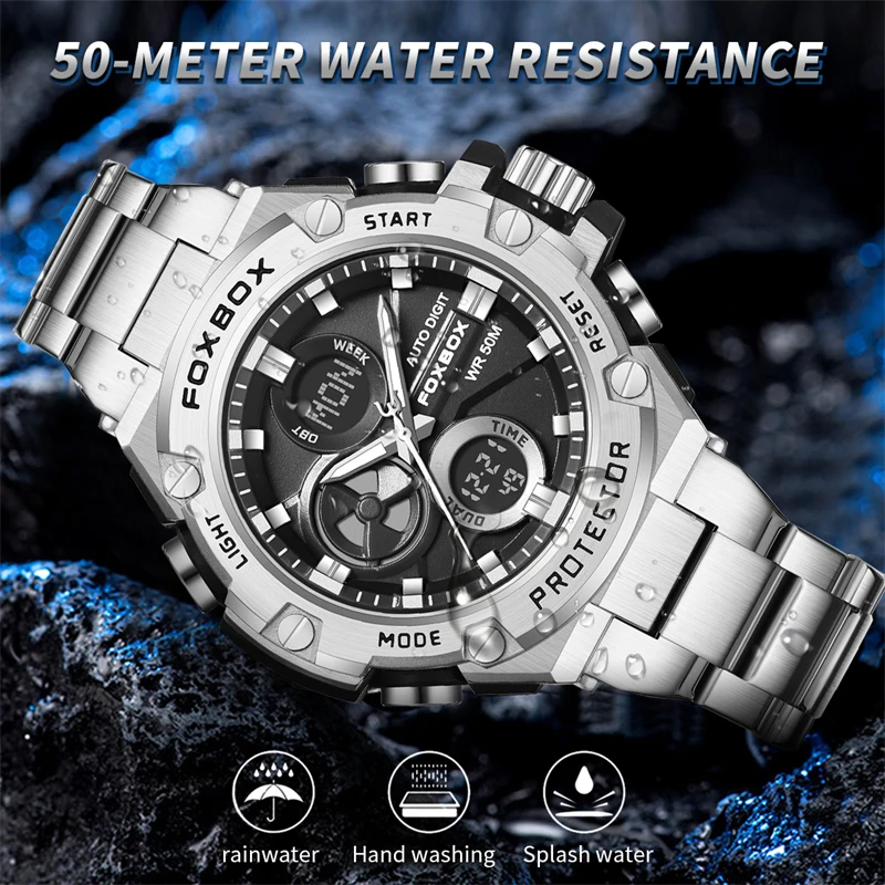 FOXBOX Military Watch for Men Top brand Luxury Sport Quartz Chronograph Wristwatches Casual Waterproof Dual Display Watch Men