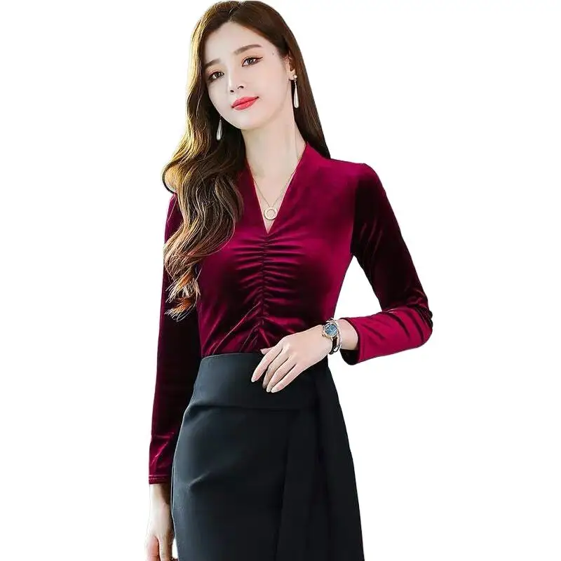 Elegant Office Lady T-shirts 2024 Autumn Women Solid Velvet Tops V-Neck Velour Basic Tee Shirts roupas femininas sexy tshirt