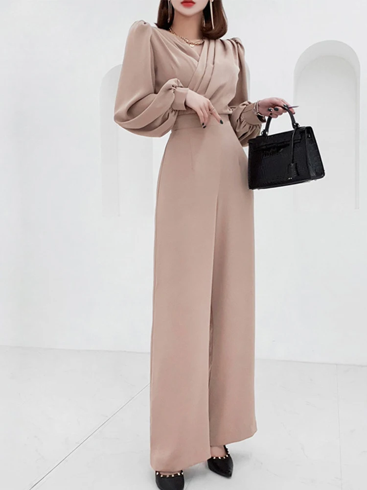 

Новые модные весенне-осенние комбинезоны для женщин: элегантные, однотонные, с V-образным вырезом, широкими штанинами, свободного кроя