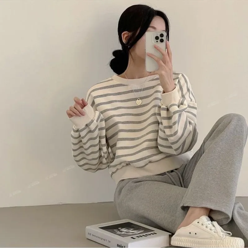 

Striped Pullover Women Korean Fashion Clothing Spring Autumn New Loose BF Lazy Style Plus Size Original Round Neck Sweatshirt