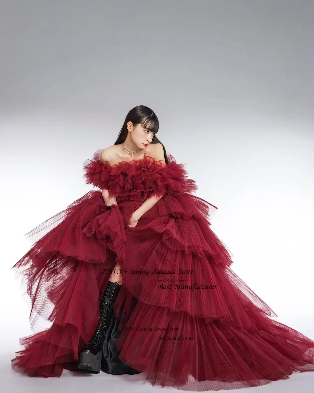 ZHIO Weinrotes Tüll-Abendkleid mit Falten, luxuriöses, abgestuftes Ballkleid-Partykleid, trägerloses, schulterfreies Abendkleid, individuell gestaltet