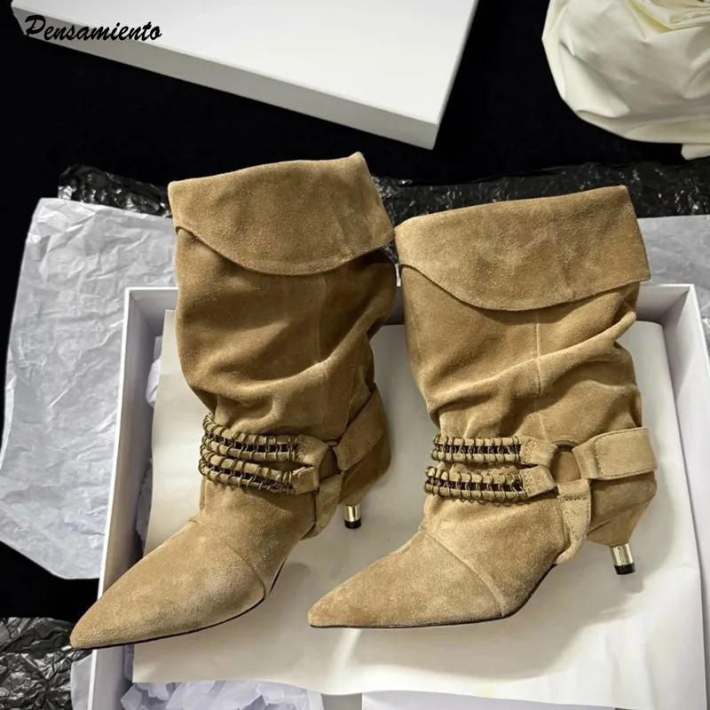 Ins Style Fashion Metal Chain Faux Suede Women Mid-calf Boots Autumn Winter Pleated Slip-on High Heels Casual Booties Shoes