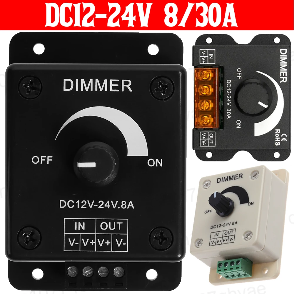 LED Dimmer Switch DC 12V 24V 8A/30A Brightness Adjustable Controller for Car RV Single Color LED Strip Light LED Dimming