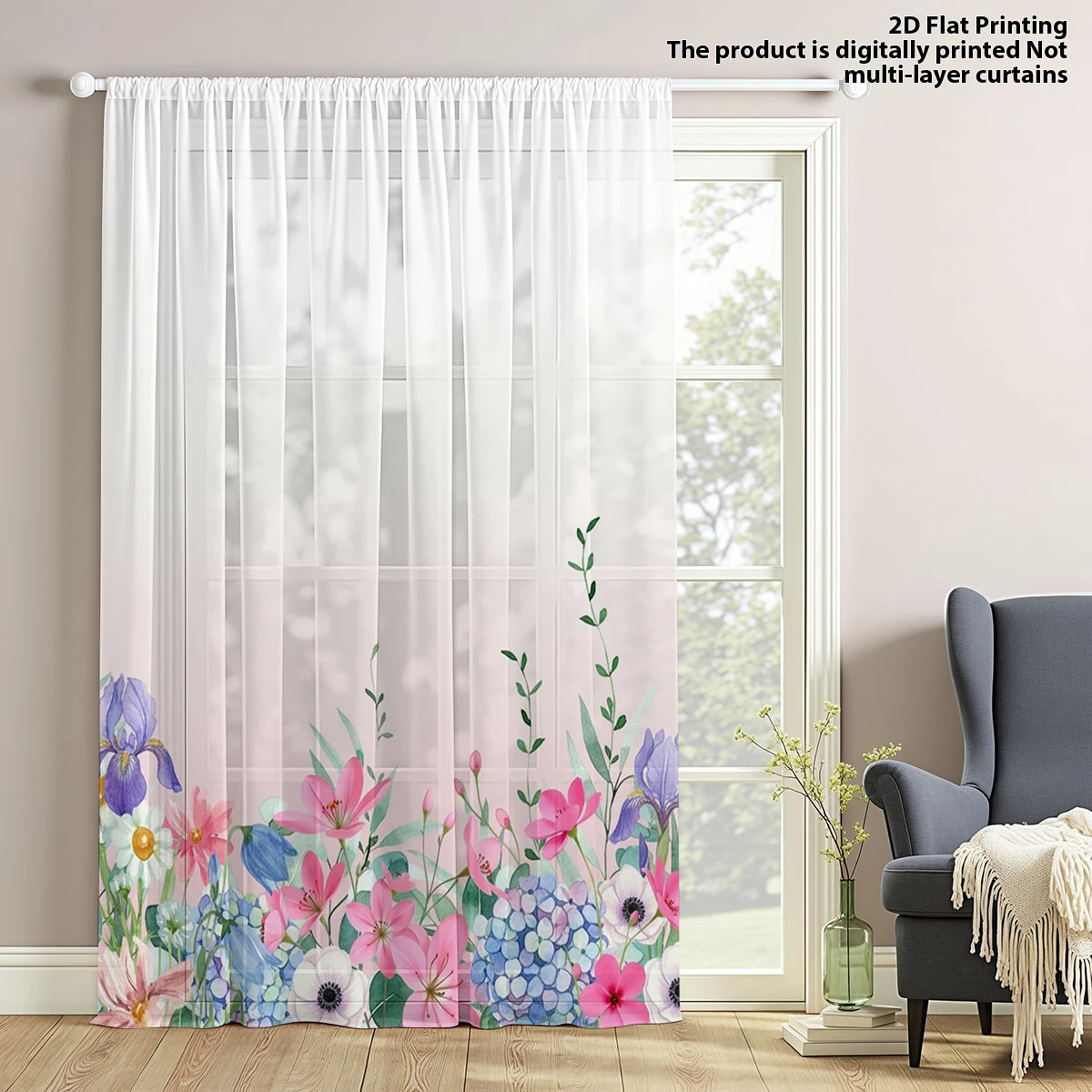 Anemone Iris Floral Sheer Curtains Hydrangea Print Rod Pocket Window Curtains for Bedroom Light Filtering Voile Drapes Panel