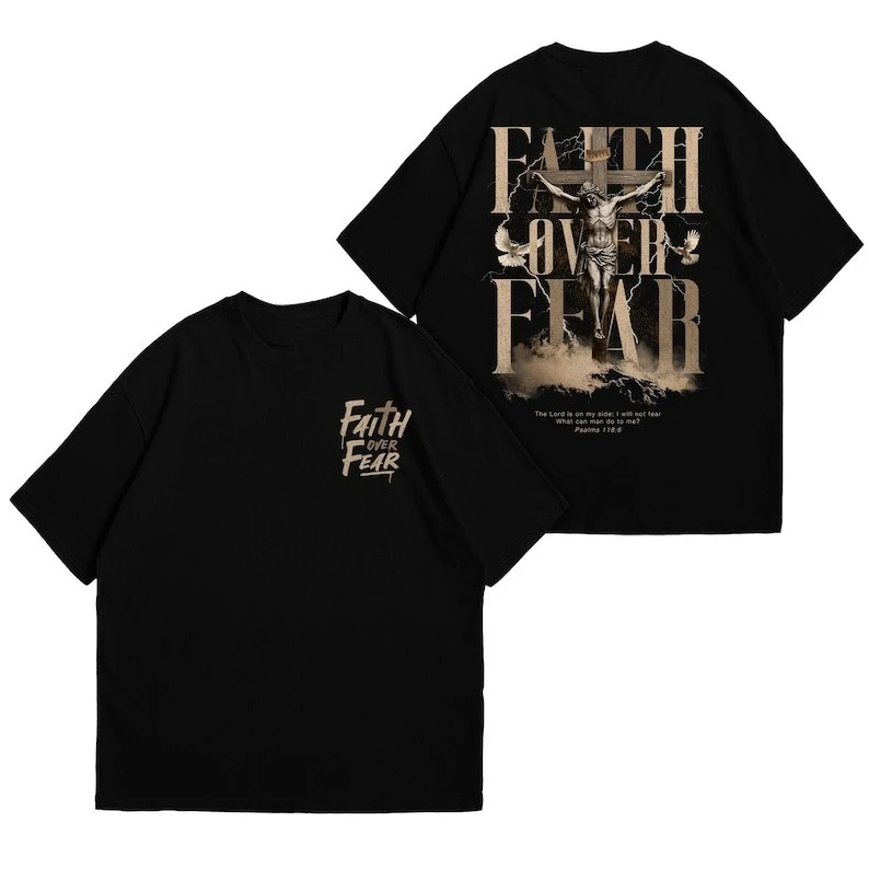 Unique Faith Over Fear Jesus Cross Christian for Men Religious Shirts for Women Catholic Jesus Cross Collection Adult Unisex Tee