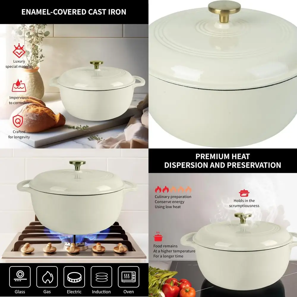 

Enameled Cast Iron Dutch Oven, 5.5 QT Oval, Non-Stick, Ideal for Sourdough, Loaf, and Artisan Bread Baking (Round Cream)