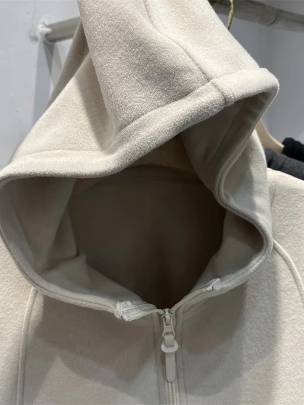 Women's Long Sve Fce-lined Zipper Hoodie Double-sided Brued Thermal Top Casual Comfortable Polyester T-irt