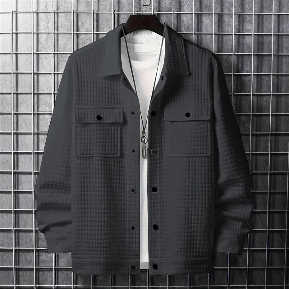 Solid Color Plaid Jacket Men Spring Autumn Jackets Cargo Coats Fashion Casual Pocket Design Outerwear Male