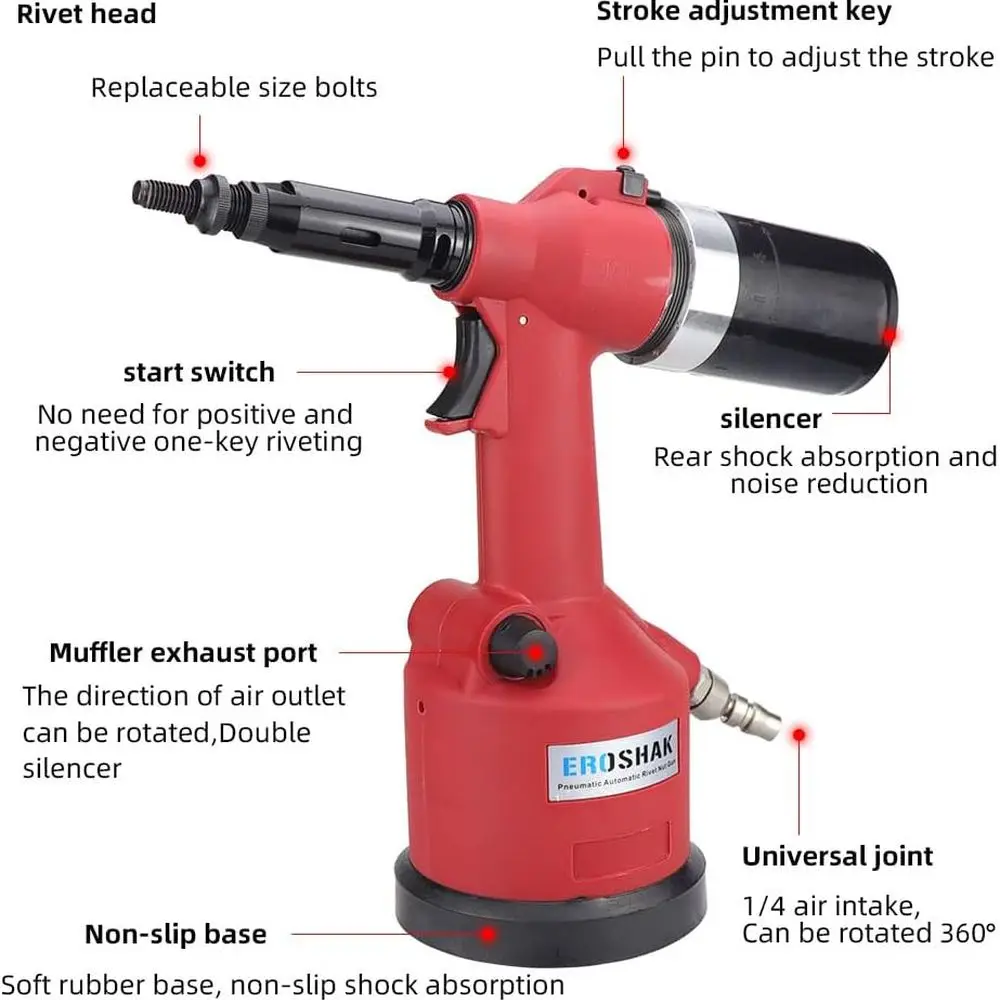 Hydraulic Pneumatic Riveter Automatic Air Rivet Nut Gun Tool Setting Kit Rivnut Riveting, with Metric & SAE Mandrels (8 Size)