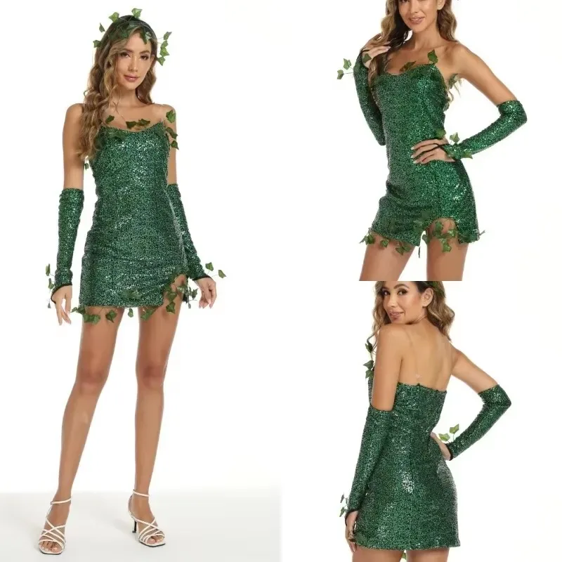 Halloween Costume Green Sexy Sequin Dress Adult Costume Leaf Sequin Dance Costume Cosplay Costume Women