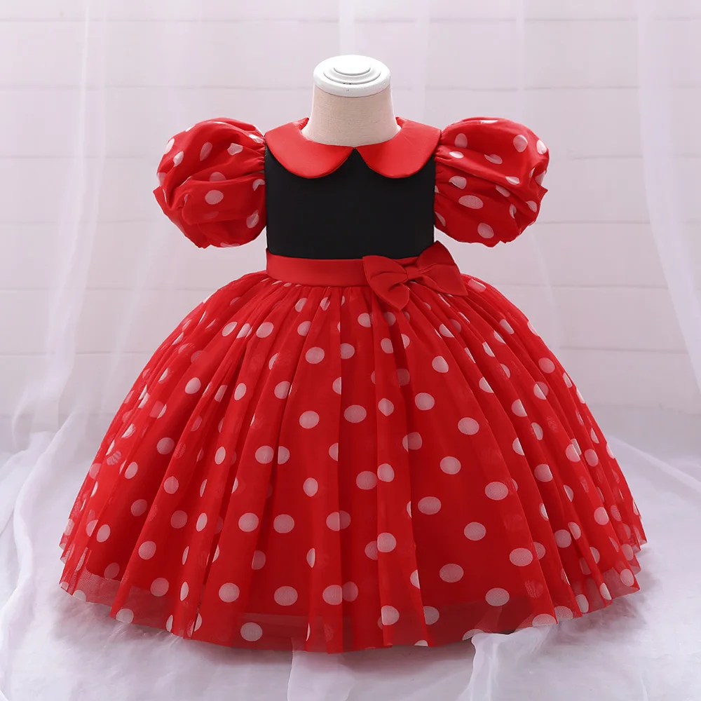 Girls Red Christmas Party Dress Puff Sleeve Bow Tulle Princess Wedding Birthday Dresses for Kids Polka Dot Birthday Prom Costume