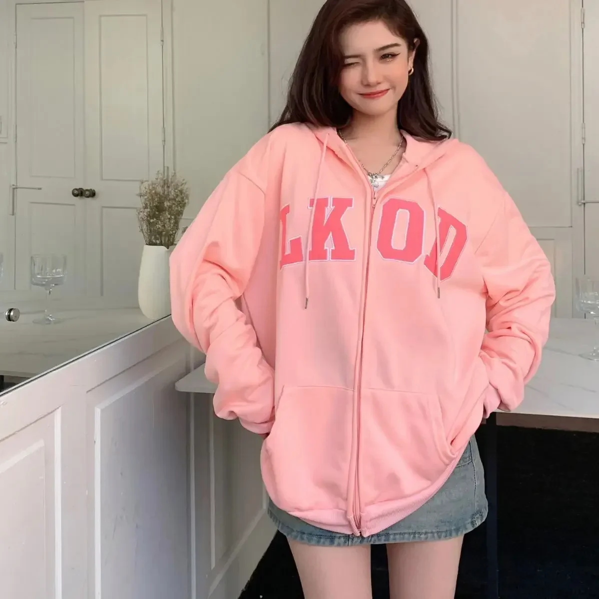2023 Spring Autumn Europe America Vintage Printed Letters Hooded Zipper Coat Women Thin Loose Casual Hoodie Y2k Zip Sweatshirt