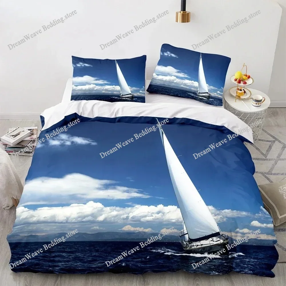 Vintage Sailboat King Queen Duvet Cover Nautical Ocean Bedding Set for Teens Adults Ship Fire Black Polyester Quilt CoverFQH