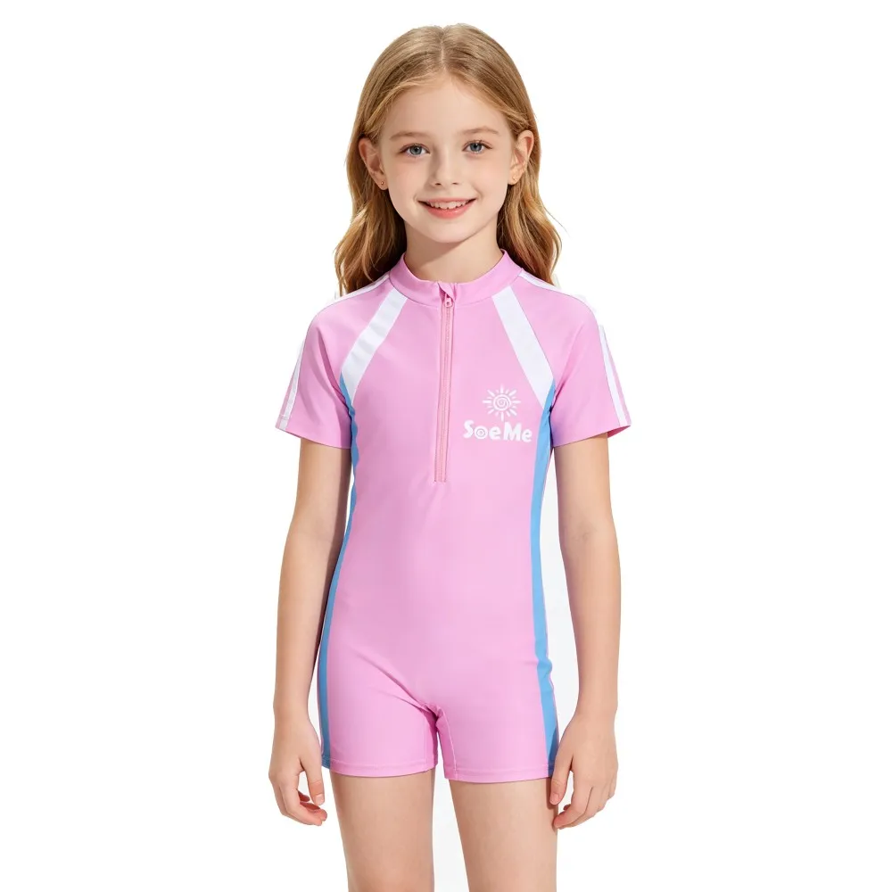 Traje de Baño Deportivo de Una Pieza con Rayas Rosas para Niñas, Traje de Baño de Manga Corta con Cierre para Niños, Secado Rápido, para Playa