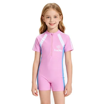 Girls' Pink Striped One-Piece Swimsuit | Short-Sleeve Zipper Rash Guard 3 Girls Pink Sporty Striped One Piece Swimwear Summer Short Sleeve Zipper Rash Guard Kids Quick Dry Bathing Suit for Beach 3