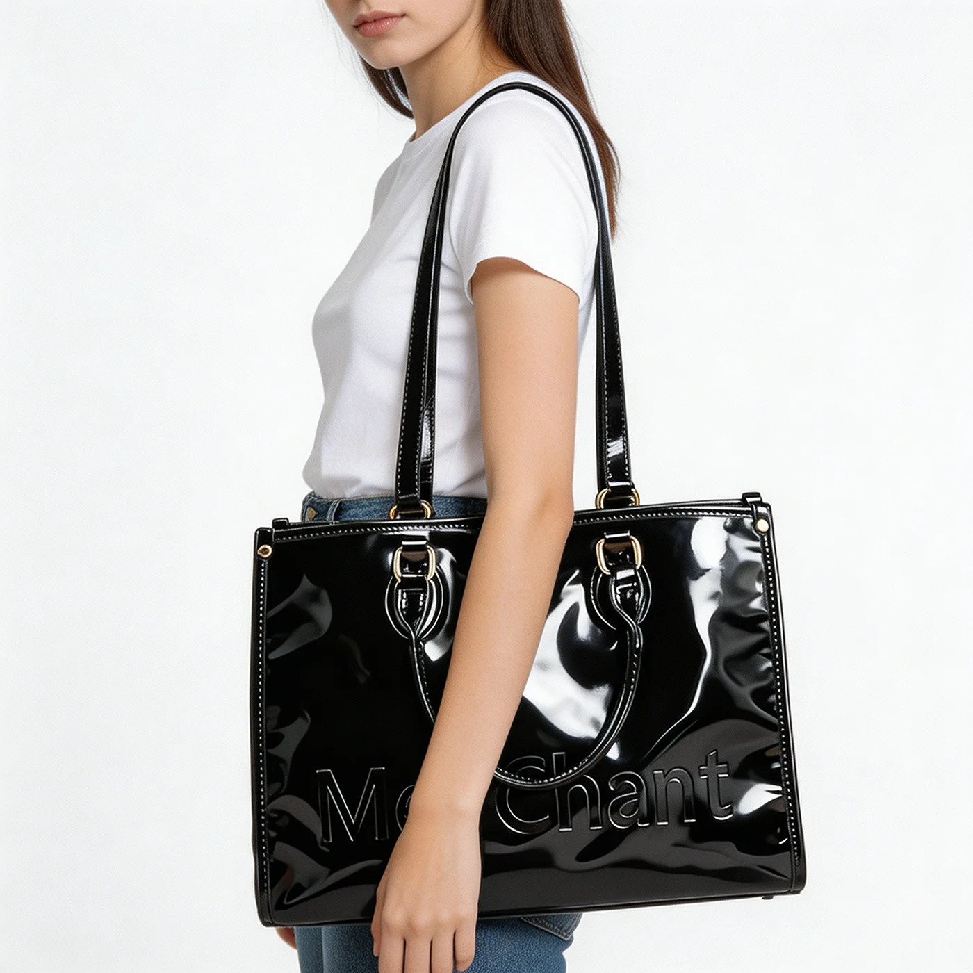 Women Black Glossy Patent PU Leather Tote Bag Structured Top Handle Handbag Large Capacity Shoulder Bag for Work Daily Shopping