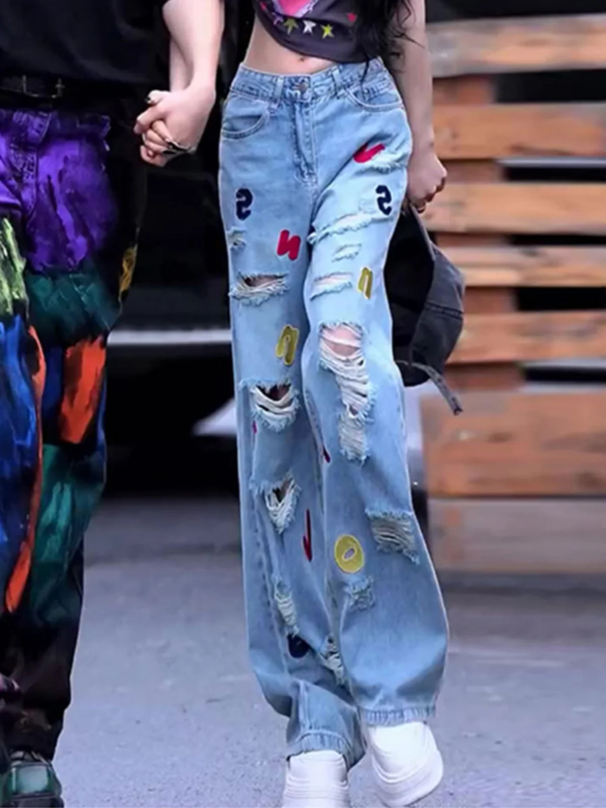 

Trendy Ripped Denim Long Pants Women's Straight High Waist Wide Leg Floor-Length Pants Versatile Slimming Summer 2023