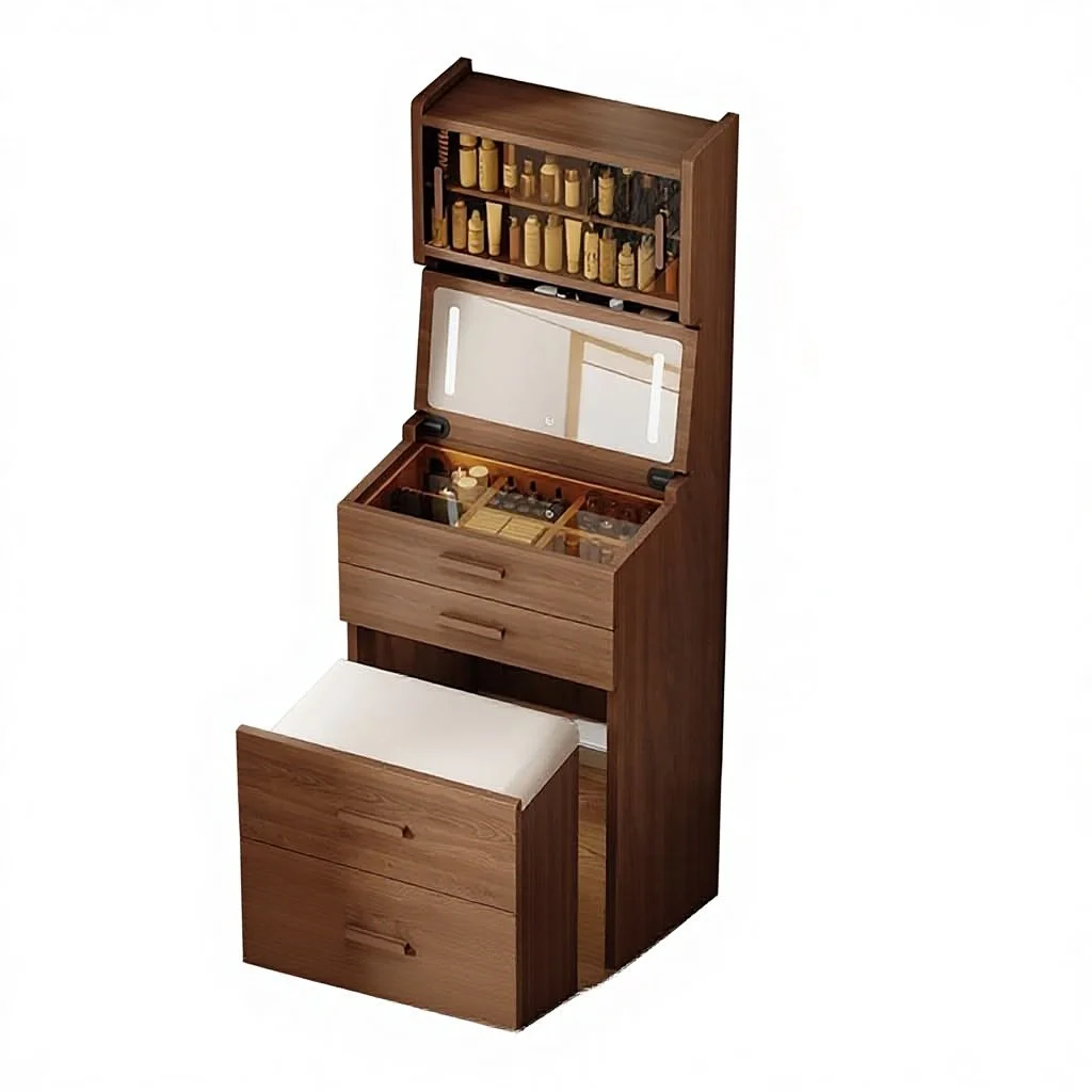 Narrow New Chinese Style Small High-End Rubber Wood Bedroom Dressing Table Hidden Storage LED Lighting  Makeup