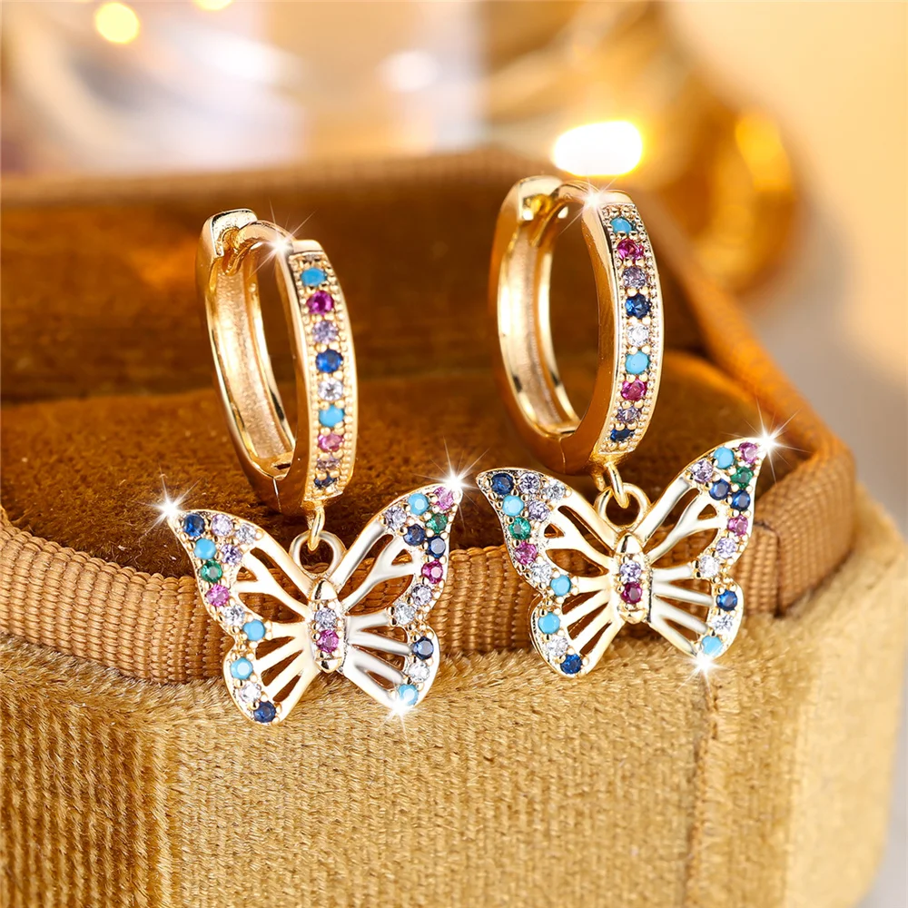 Cute Female Colorful Butterfly Round Zircon Stone Hoop Earrings Gold Color Unique Girlfriend Gifts Wedding Jewelry For Women