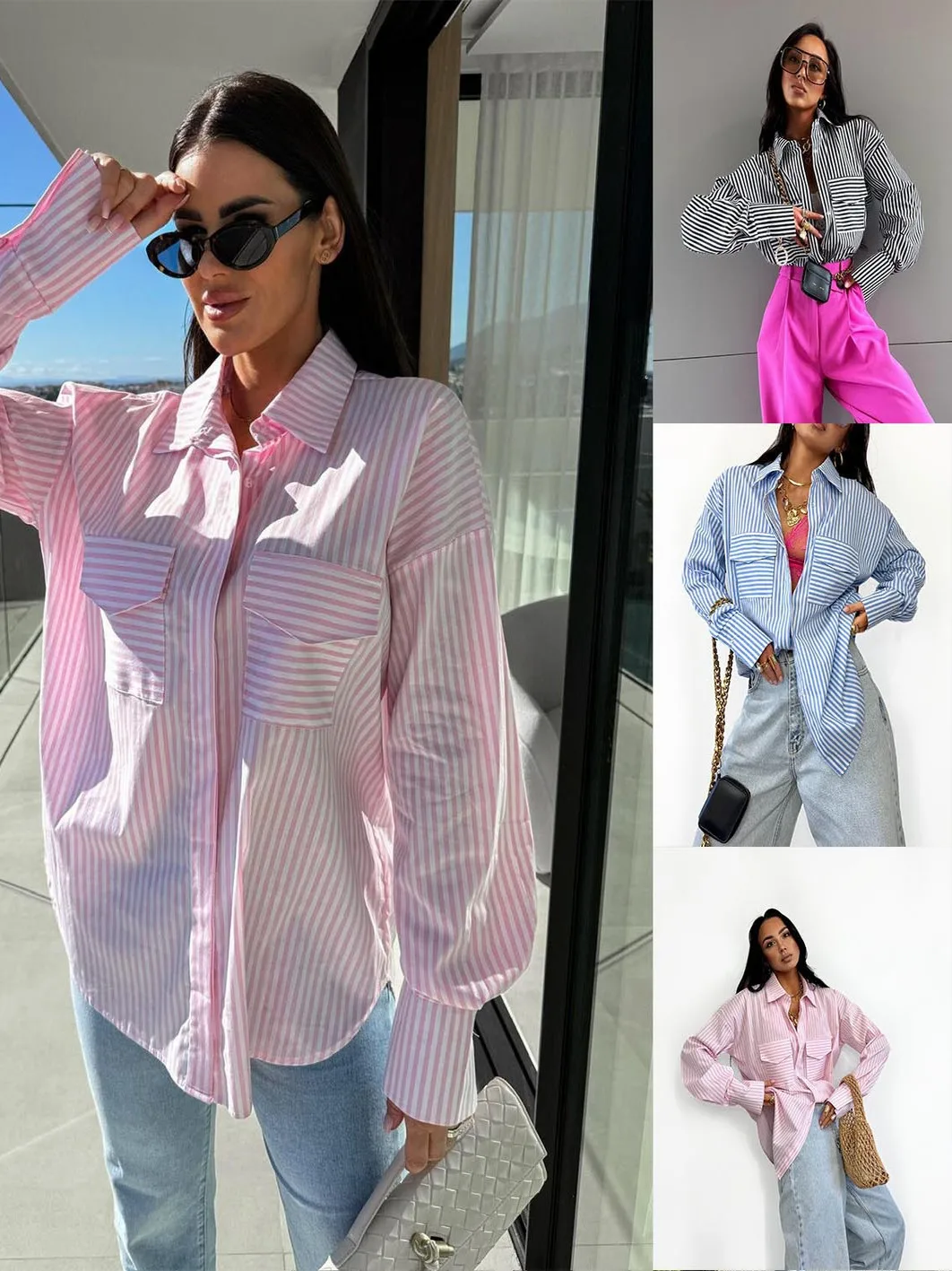 

Loose Comfortable Long Sve Punk Sle Women's irt Vertical Stripes Turn-down Collar Casual Faion Spring Collection