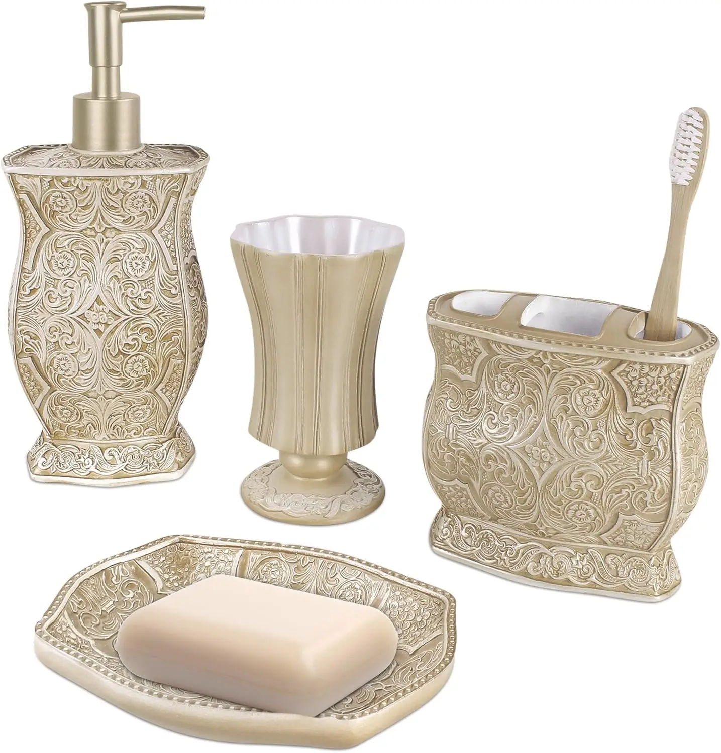

Victoria Beige Bathroom Accessories Set - Decorative Bathroom Accessory Set - 4 Piece Bathroom Set Features: Soa
