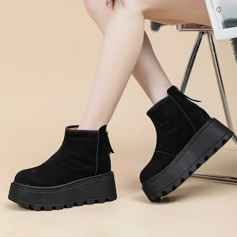 Women's Winter 3-5cm Thick-Soled Height-Increasing Boots with Back Zipper and Fleece Lining, Snow Boots, Ankle Boots, Thick-Soled Winter Short Boots, Leather and Fur Integrated, Comfortable, Non-Slip Chelsea Boots
