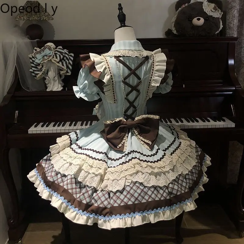 

Japanese Original Lolita Heavy Industry Op Dress Sweet and Cute Girl Princess Style 2026 Summer New Bow Lace Short-sleeved Dress