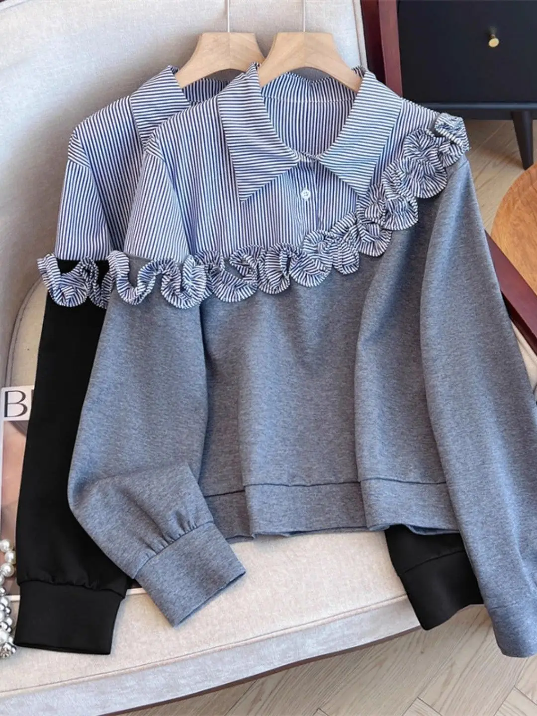 

Модный полосатый свитшот для женщин, весенне-осенний, свободного кроя, в европейском стиле, больших размеров, повседневный, с коротким рукавом.