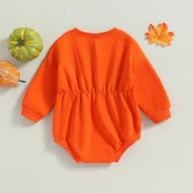 Suefunskry Infant Baby Halloween Sweatshirt Jumpsuit Round Neck Long Sleeve Pumpkin Face Print Romper Toddler Clothes 0-24Months