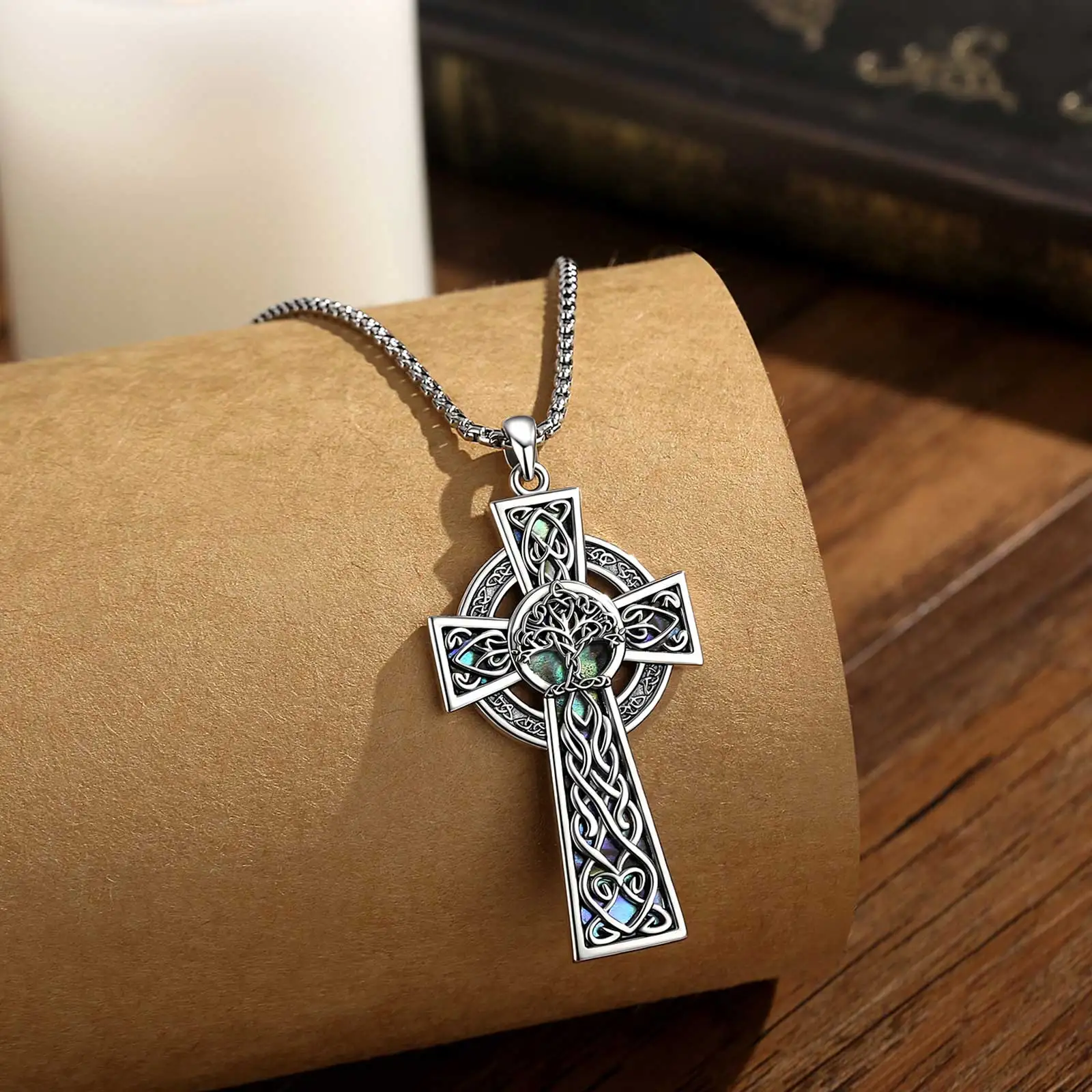 AEONSLOVE Celtic Cross Necklace Healing Crystal Stone Abalone Shell Tree of Life Pendant Wicca Pagan Jewelry Gift for Women Men