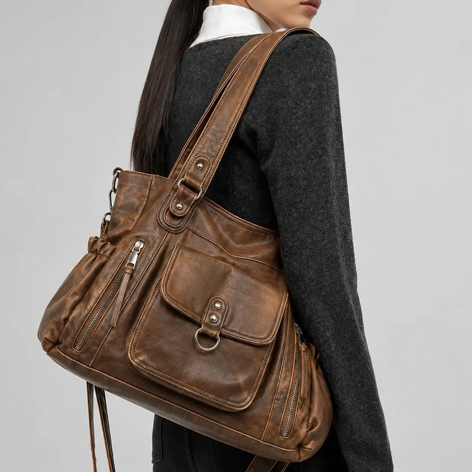 Vintage Handbag Large Capacity Multi-pocket Female Shoulder Crossbody Bag Washed Leather Big Totes Commute Ladies Hand Bag Bolsa